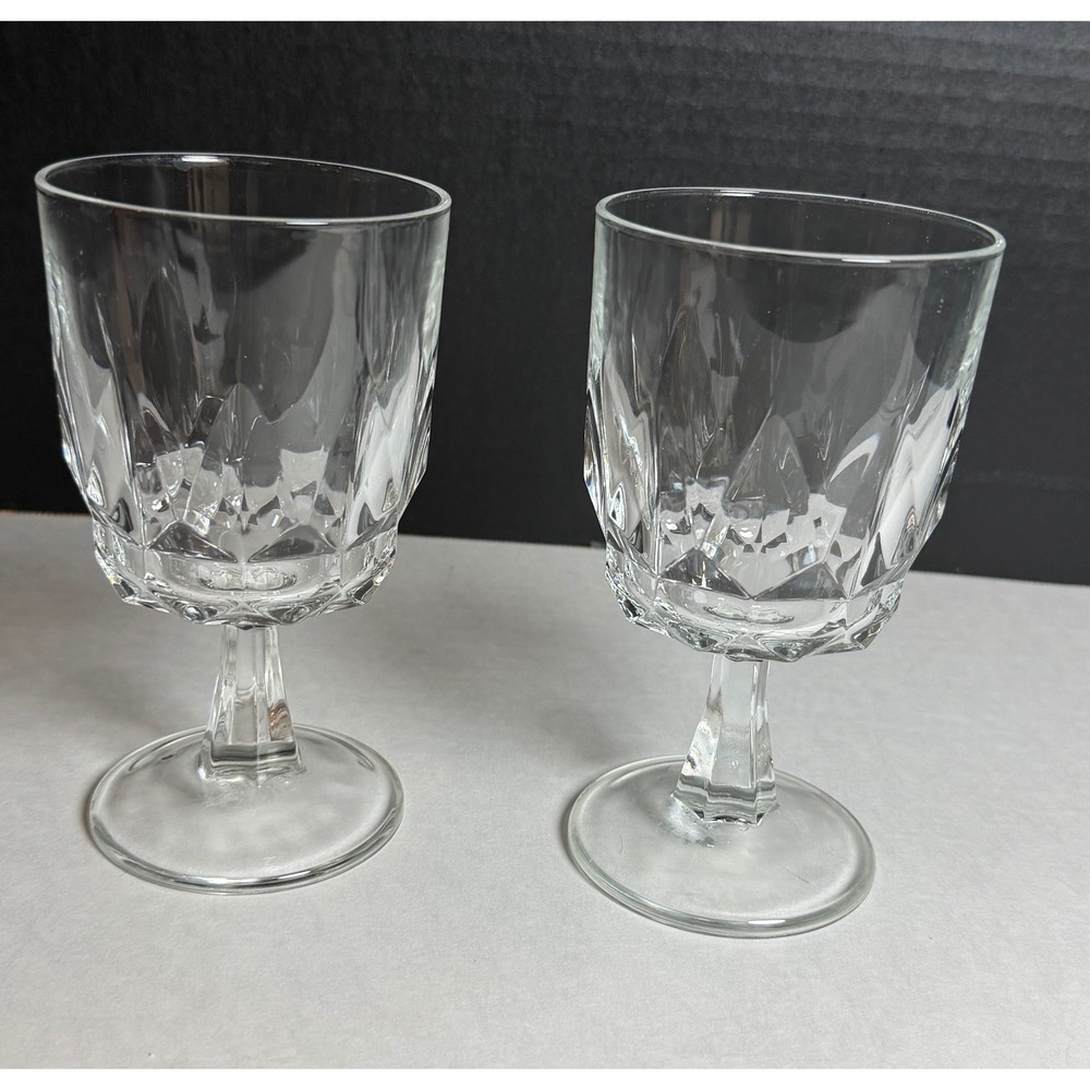 VTG Arcoroc Artic Clear Pressed Glass Water Goblets Set of 2 Hexagonal Stem